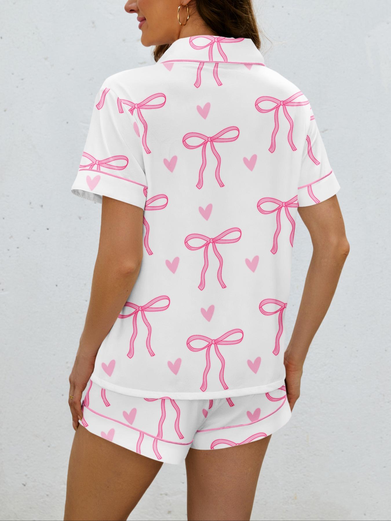 Women's Bowknot Printed Pyjama Set, Casual Outdoor Wear, Soft Shirt & Elastic Shorts, All-Season Comfortable Home Clothing, Loungewear