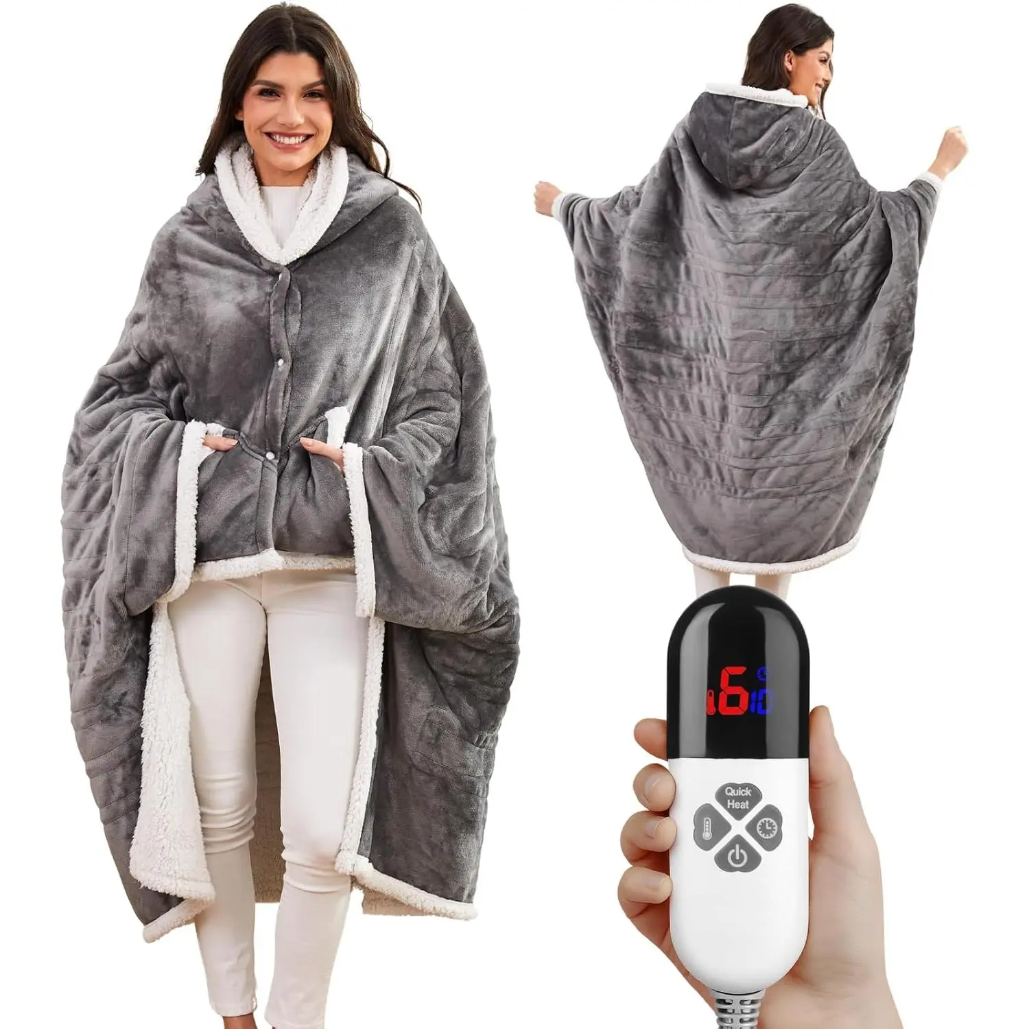 Heated Shawl Wraps for Women, Wearable Heated Throw Blanket, Electric Heated Wrap Poncho with Pockets,6 Heating Levels 4 Hours Auto-Off, Overheat Protection Machine Washable, 50”x64”, Grey