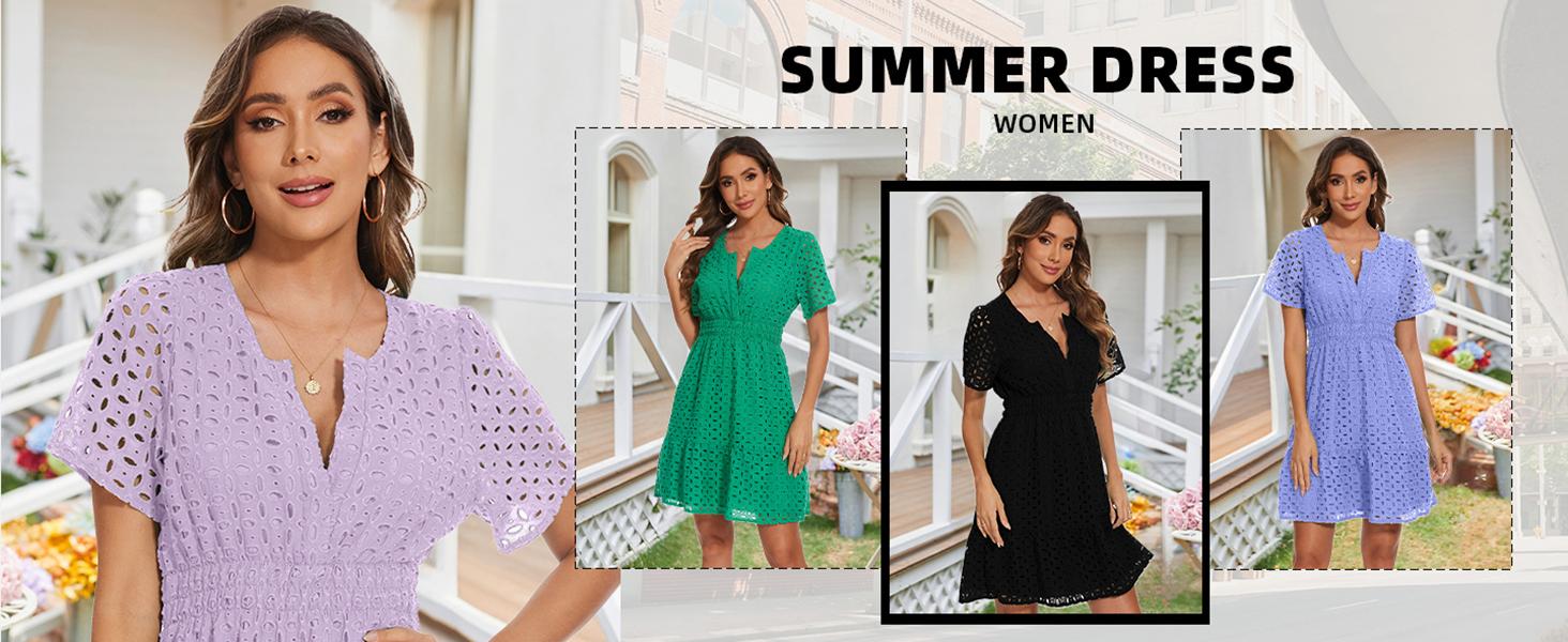 Women Summer Eyelet Lace Dress Casual V Neck Mini A Line Hollow Out Embroidered Formal Dress Sundresses