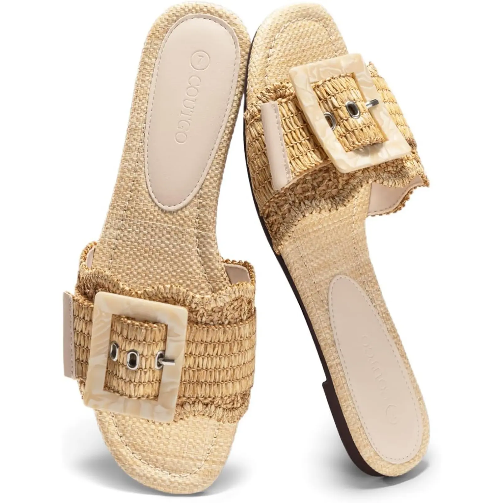 Coutgo Women's Minimalist Chic Breathable Square Toe Raffia Sandals - Butterfly Embellished, Buckle-Accented Slip-On Slides for Summer Beach sohochic