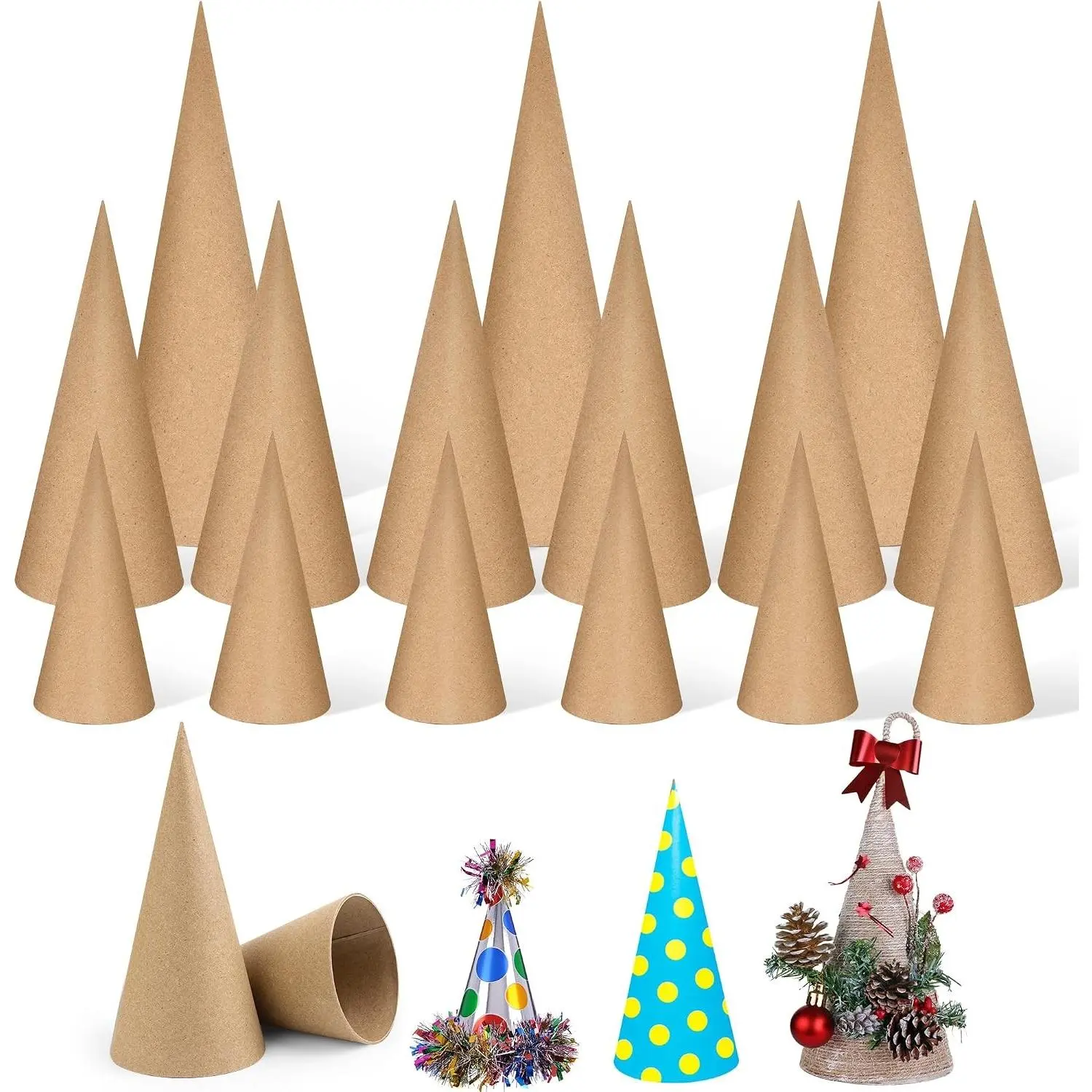 15PCS Paper Mache Cone Open Bottom, 3P 13.75x5 in, 6P 10x4 in, 6P 6x2.75in Thick Cardboard Christmas Tree Paper Blank Cones for Crafts DIY Art Projects Gnomes Decorations Cones