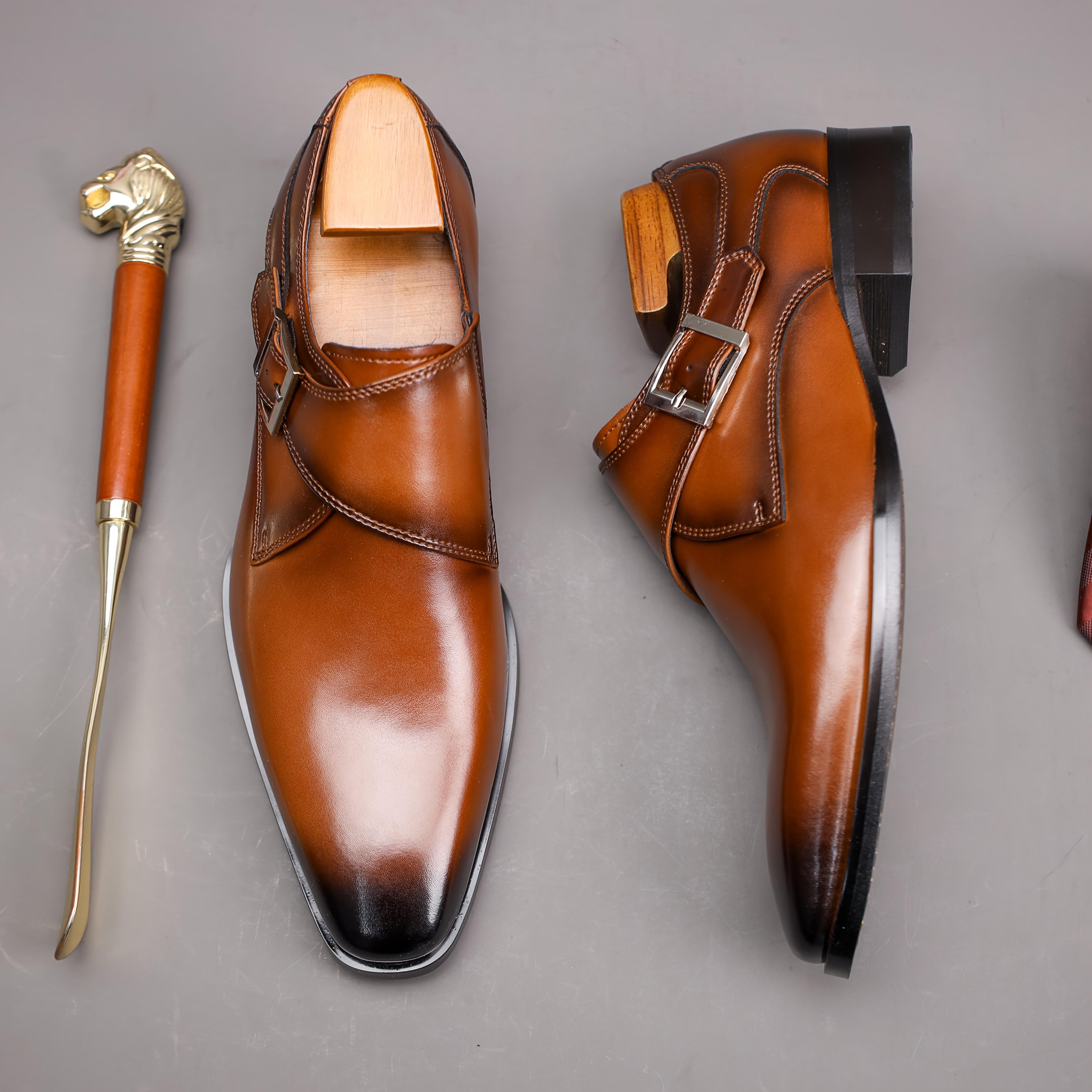 2025 Men's Genuine Leather Buckle Slip-On Formal Shoes - Brown Round Toe Casual Business Wedding Shoes, Suitable for Office and Daily Wear - Four Seasons Comfortable Rubber Sole