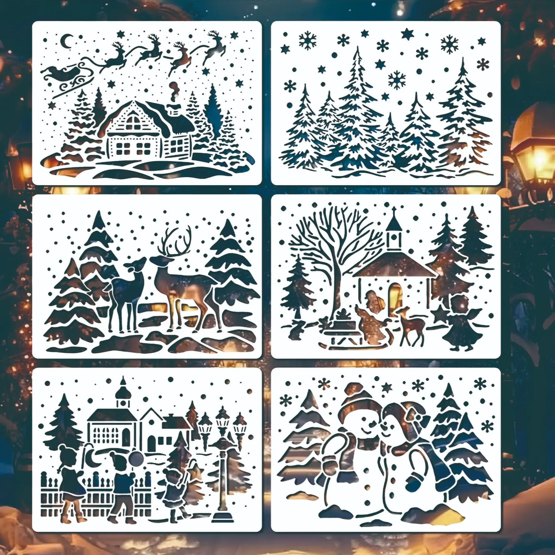 6-Piece Reusable Christmas Templates, DIY Art Projects, 5x7 Inch Snow Scene Painting Stencils, Holiday Decor, Craft Supplies