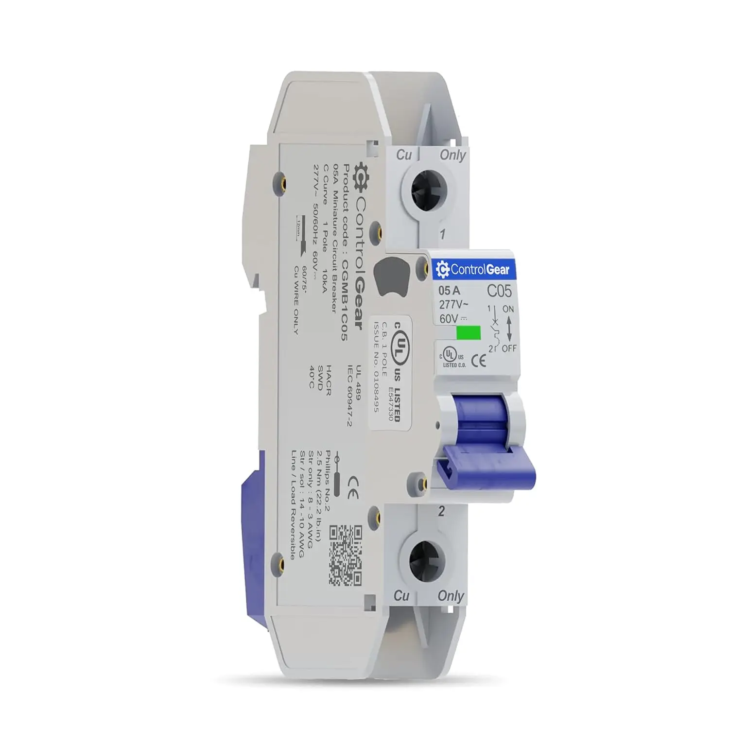 Mini Circuit Breaker UL489 Listed 5A C Curve 277VAC 60VDC 10kAIC DIN Rail Mount Non Polarized MCB Branch Circuit Protection, ControlGear CGMB1C05 (1 Pole C Trip 5 Amp)