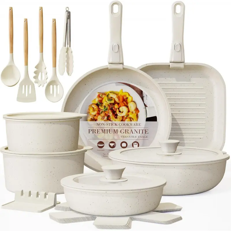 23pcs Sturdy Non-Stick Ceramic Granite Cookware Set, Lightweight Aluminium Kitchen Supplies with Glass Lids, Stay-Cool Handles, Induction Compatible Pots and Pans for Healthy Cooking