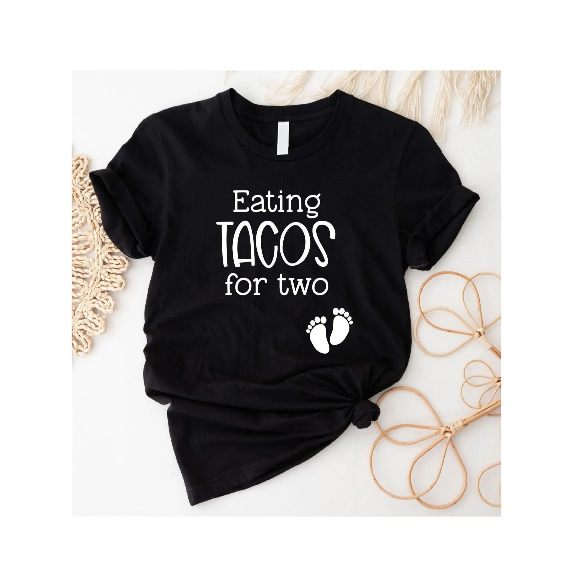 "Eating Tacos for Two" Funny Maternity T-Shirt - Soft Pregnancy Announcement Tee Suitable for Expecting Moms, Glossy Round Neck Black Shirt with Feet Design, Humorous New Mom Gift for Showers & Casual Wear