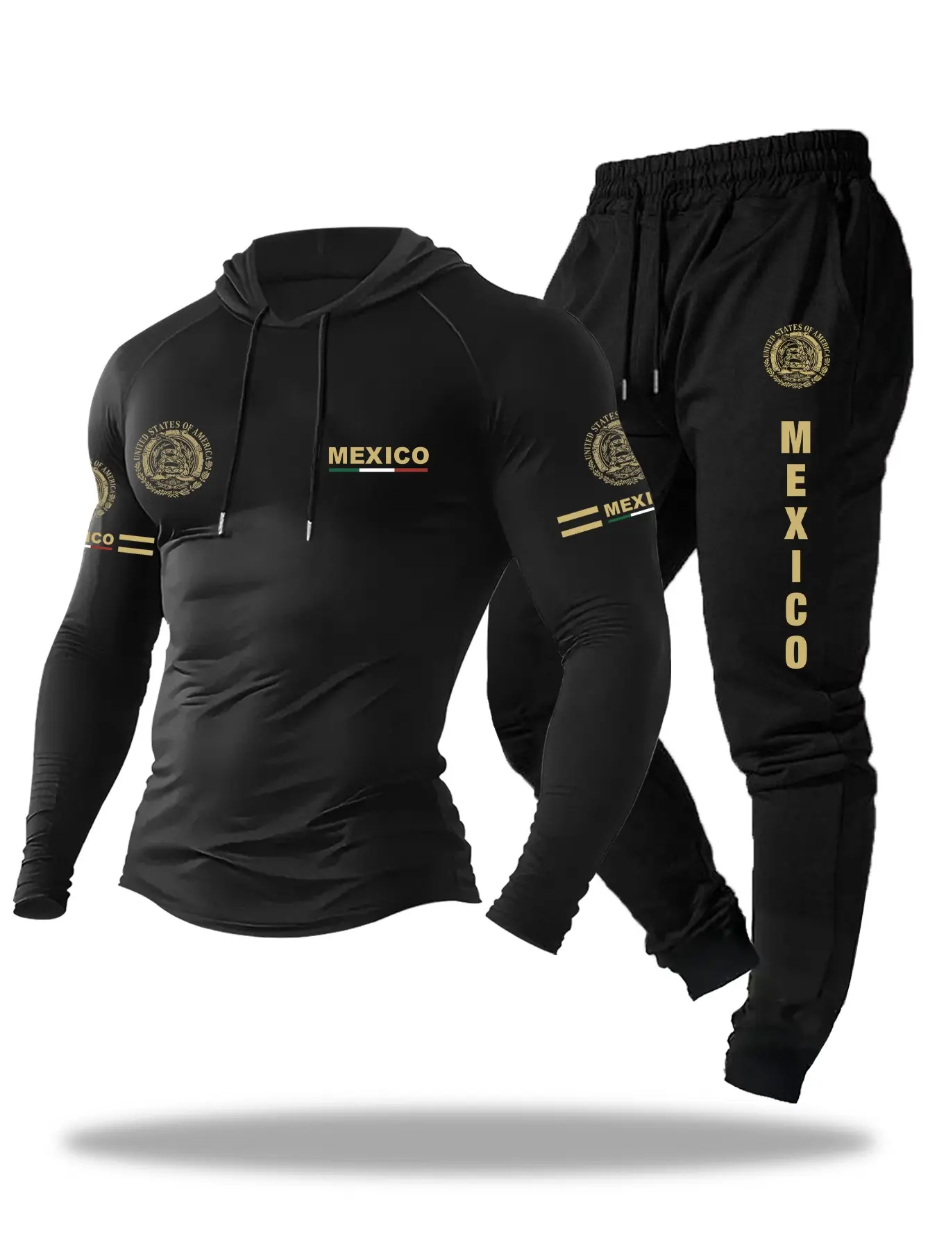 Men's Mexico Theme Sporty Casual Set, Street Style Hoodie, Fitted Print Design, Ideal for Fitness & Daily Wear, Spring & Fall, Casual Athletic Sportswear, Athleisure Set