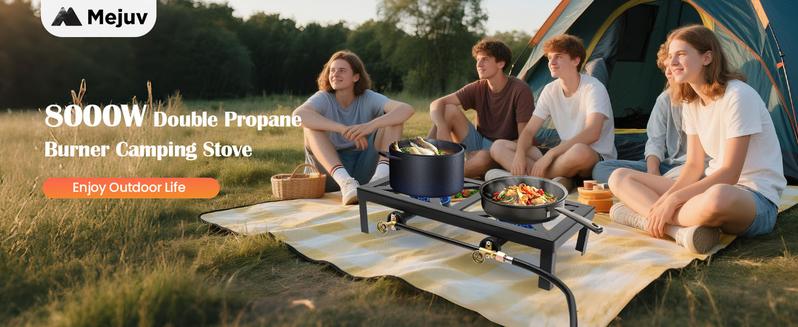 Double Burner Gas Stove, 8000W Portable Outdoor Propane Stove with Adjustable 0-10Psi Regulator Hose for Patio Camping, BBQ, Home Brewing, Turkey Fry, Maple Syrup Prep