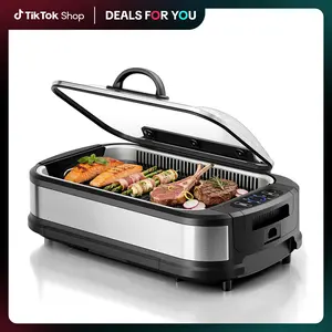 Kismile Smokeless Indoor Grill, 1500W Electric Grill Indoor with Tempered Glass Lid, Non-Stick Korean BBQ Grill with 6-Level Temp Control, Dual-Turbo Smoke Extractor, Drip Tray & Dishwasher-Safe Parts