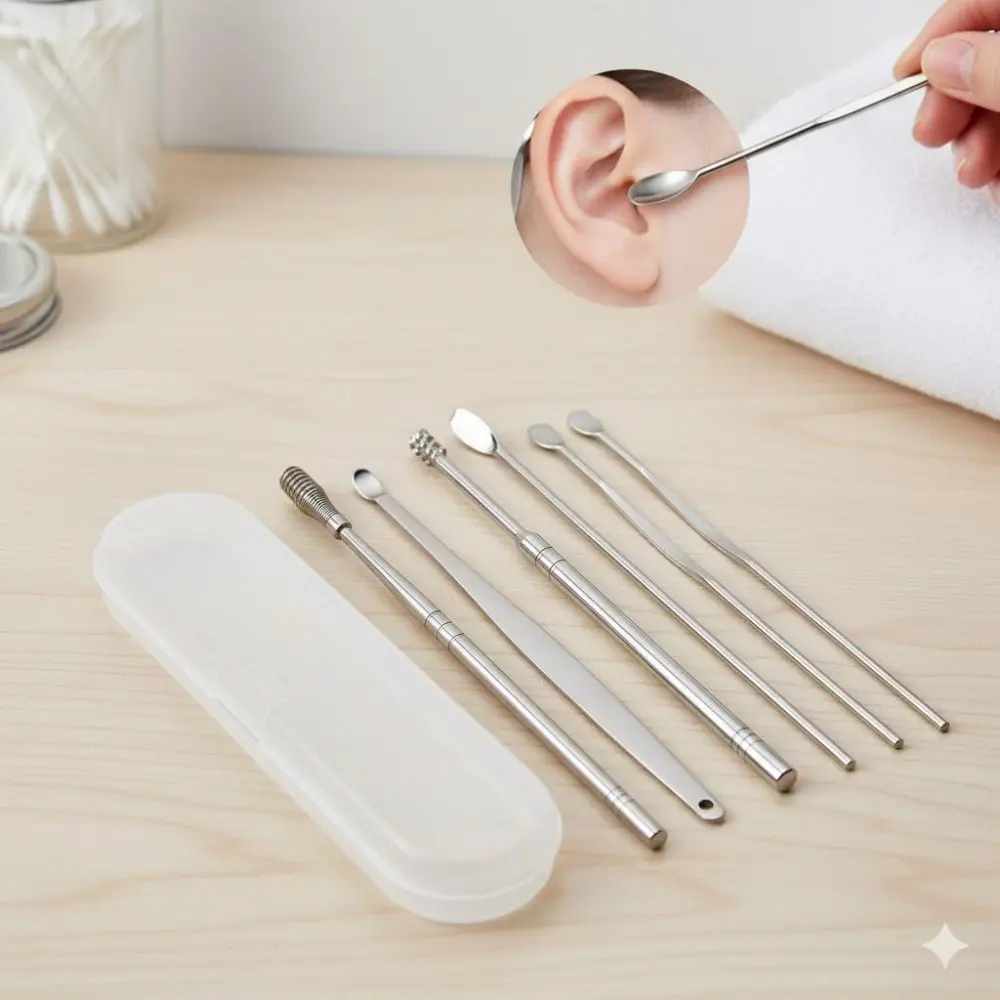 Stainless Steel Ear Wax Removal Kit; 6-Piece safe ear cleaning Tools Set, Anti-Slip Handle Design, Gentle & Precise for Home Ear Care, Ear Wax Remover, Prevents scratches and Injuries.
