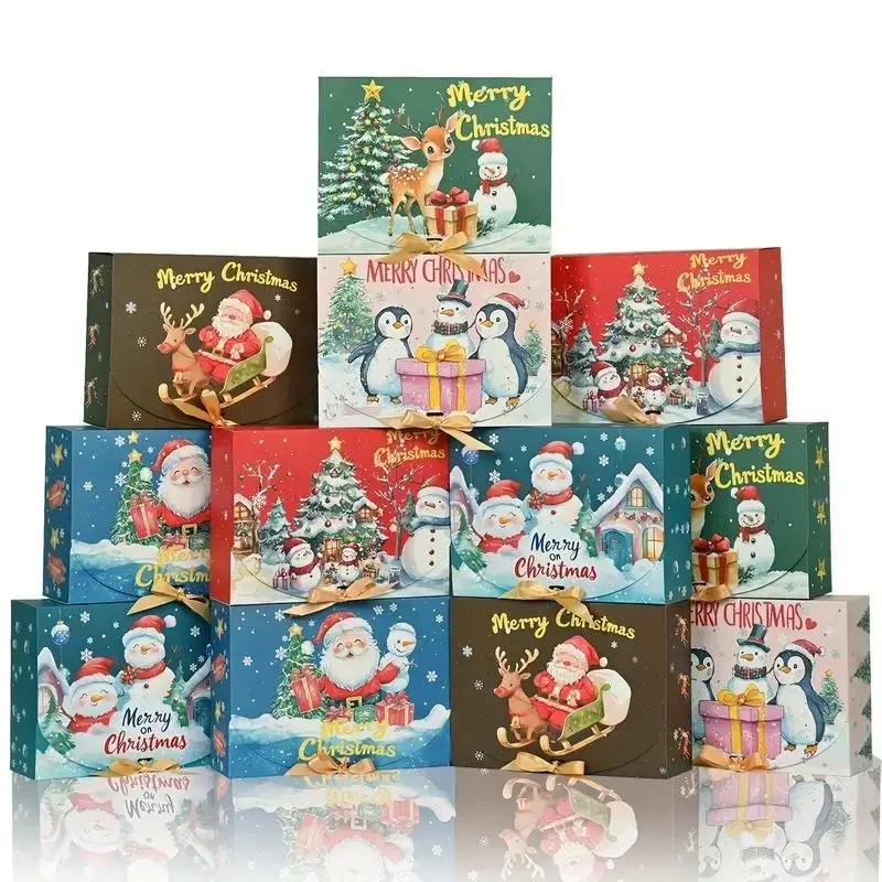 12pcs Christmas Gift Boxes with Lids, Festive Tree Design, Ideal for Candy, Cookies, Party Favors, Includes Ribbon, 10.6x7.9x3.1 Inches