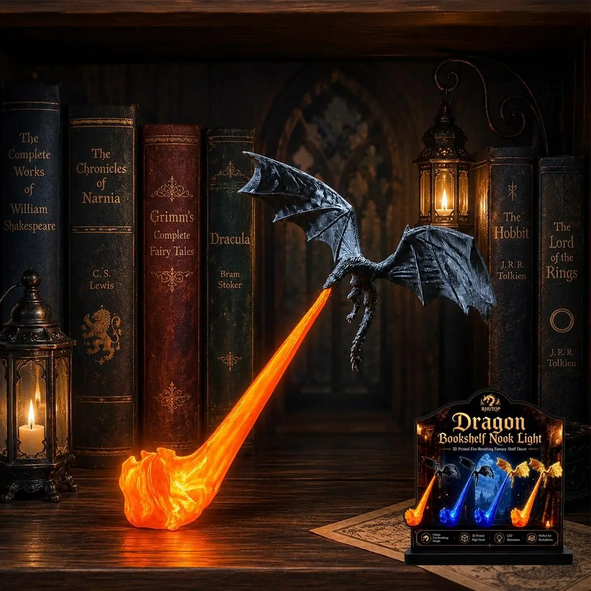 Dragon Bookshelf Nook Light, 3D Printed Fire-Breathing Fantasy Shelf Decor | Flying Dragon Design | Red or Blue Flame | Large & Small Options | Book Lover Gift | Halloween Shelf Display