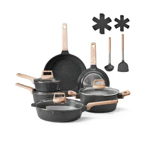 VEVOR 17 Piece Pots and Pans Set Nonstick, Granite Cookware Set, Induction Cookwares, Kitchen RV Cooking Sets with Frying, Sauce, Saute, Tempered Glass Lids, and Pan Protectors, Black