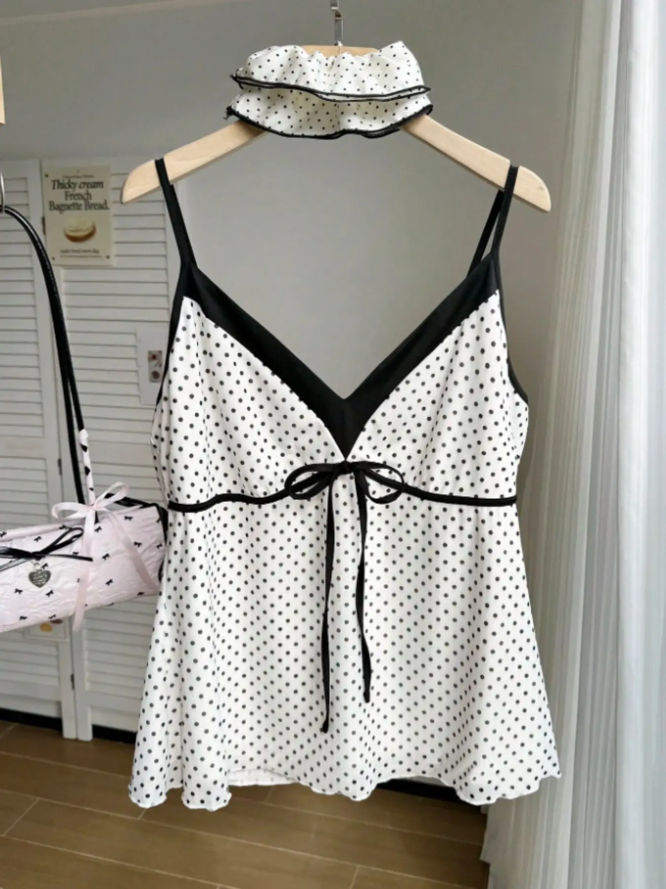 Plus Size Women's Sweet Style Chic Elegant Polka Dot Ruffle Neck Wrap Front Bow Retro Aesthetic Summer Beach Outerwear Camisole Tank Tops Spaghetti Strap Tank Top, Home Wear Bowknot Tank Top
