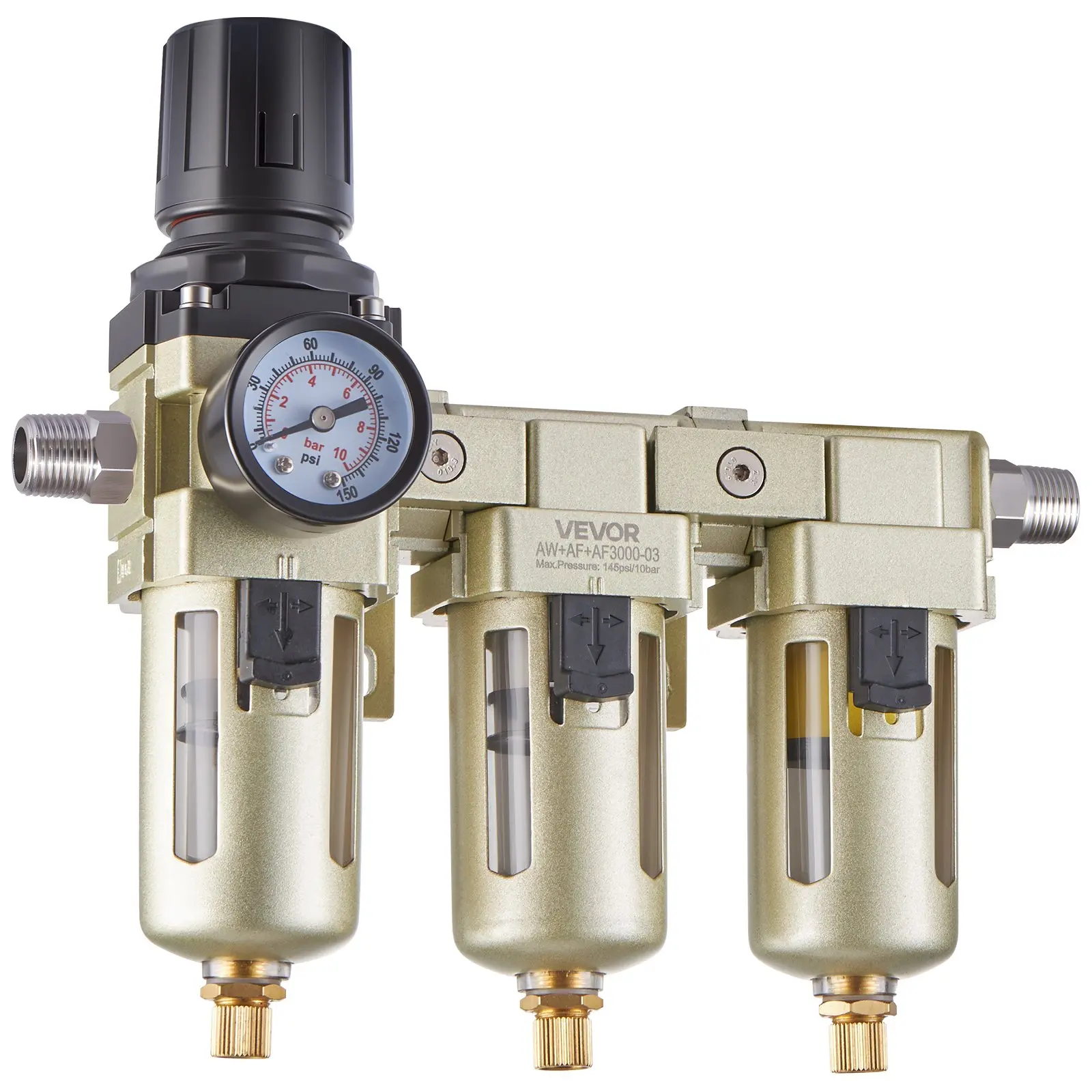 【DealsForYouDays】VEVOR 3/8" NPT 3-Stage Air Compressor Filter Regulator & Water Separator with Metal Guard, 5/1/0.01 Micron Filters Set, Semi-Auto Drain Air-Drying System, 145 PSI Max Pressure, Poly Bowl for Pneumatic Tools