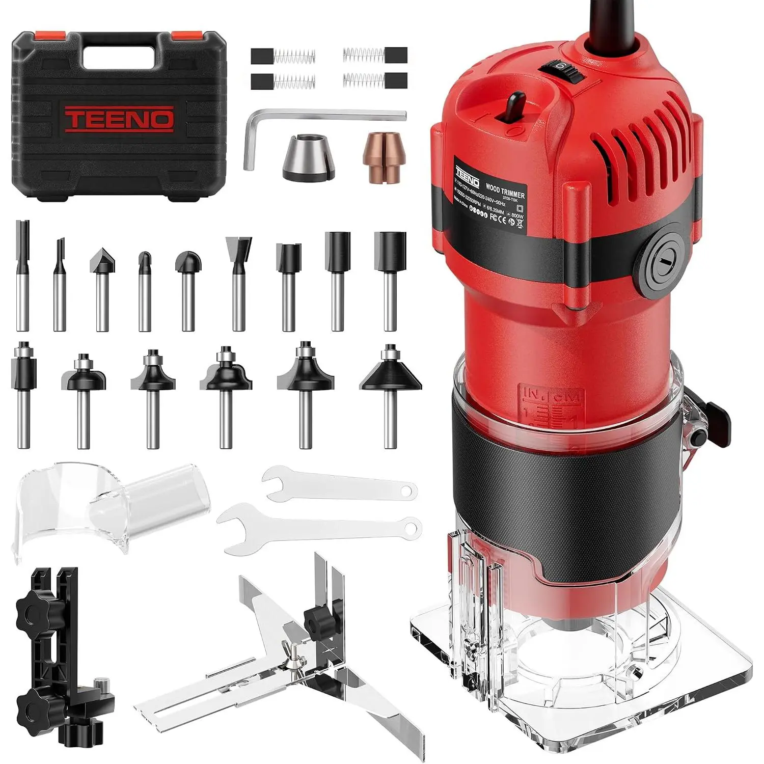 Tool, 6.5 Amp 1.25 HP Compact Wood Tool for Woodworking, 6 Variable Speeds, 1/4" Palm Hand Trimmer With 15-Pc Tungsten Carbide Bits, Edge & Roller Guides, Case