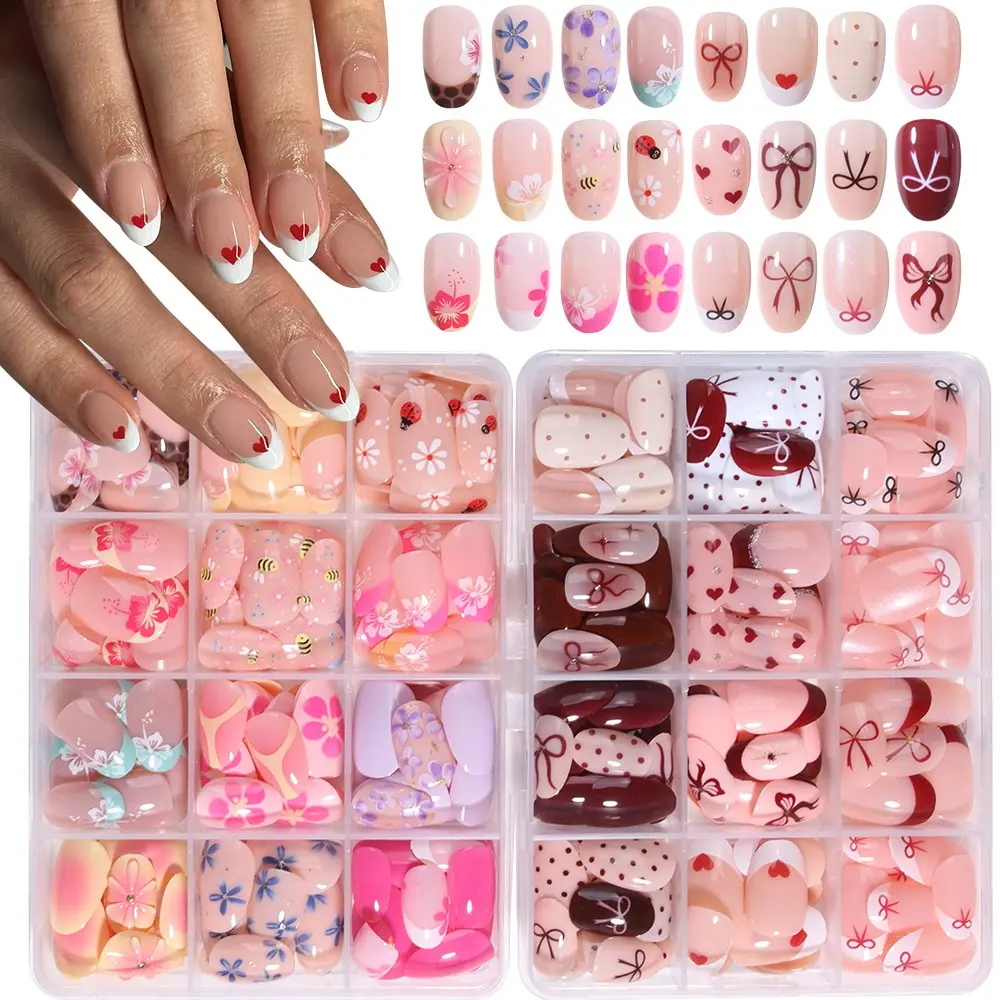 576pcs Multi-Color Short Oval Press-On Nails, Floral Heart Polka Dot Bow Design, French Style, Summer Manicure Essentials, Women & Girls