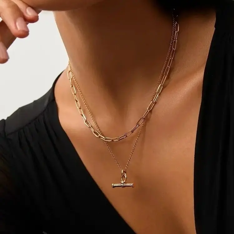 Women's T-Bar Pendant Necklace, Brass Layered Hip-Hop Cuban Chain, 46cm Adjustable 500mm Fashion Female Neck Casual Wear Hip Hop Jewellery