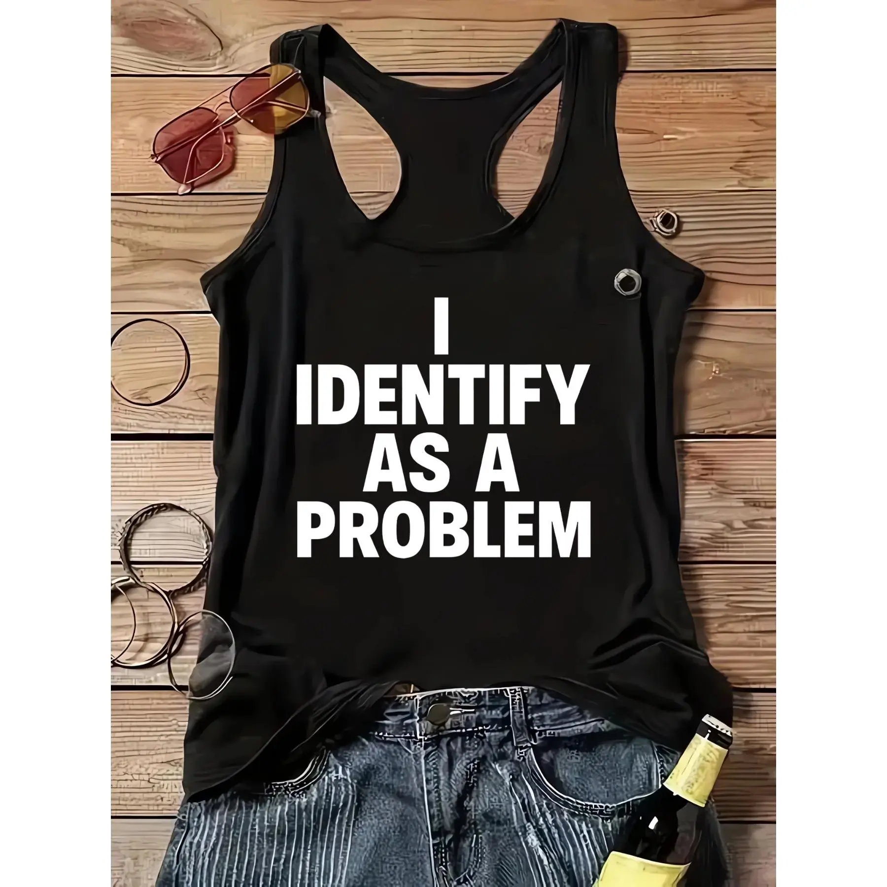 Women'S "I Identify As A Problem" Graphic Racerback Tank Top Funny Sarcastic Sleeveless Tee