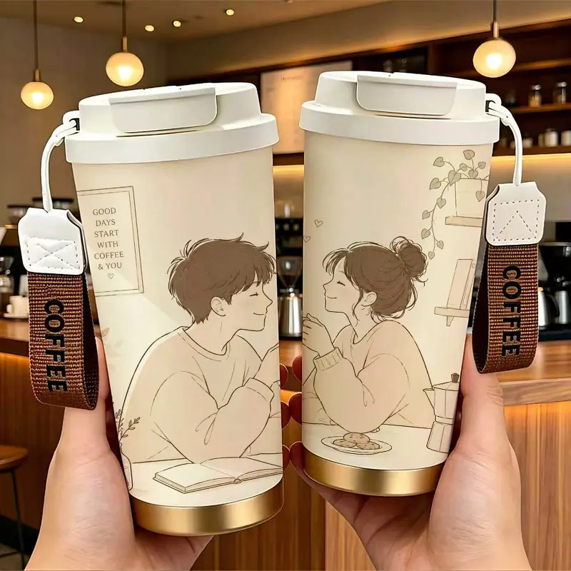 Aesthetic Couple Coffee Pattern Stainless Steel Insulated Coffee Cup with Double Drink Design， Portable Travel Tumbler with COFFEE Wrist Strap， Reusable Thermal Mug， Perfect Gifts For Birthday Holiday.
