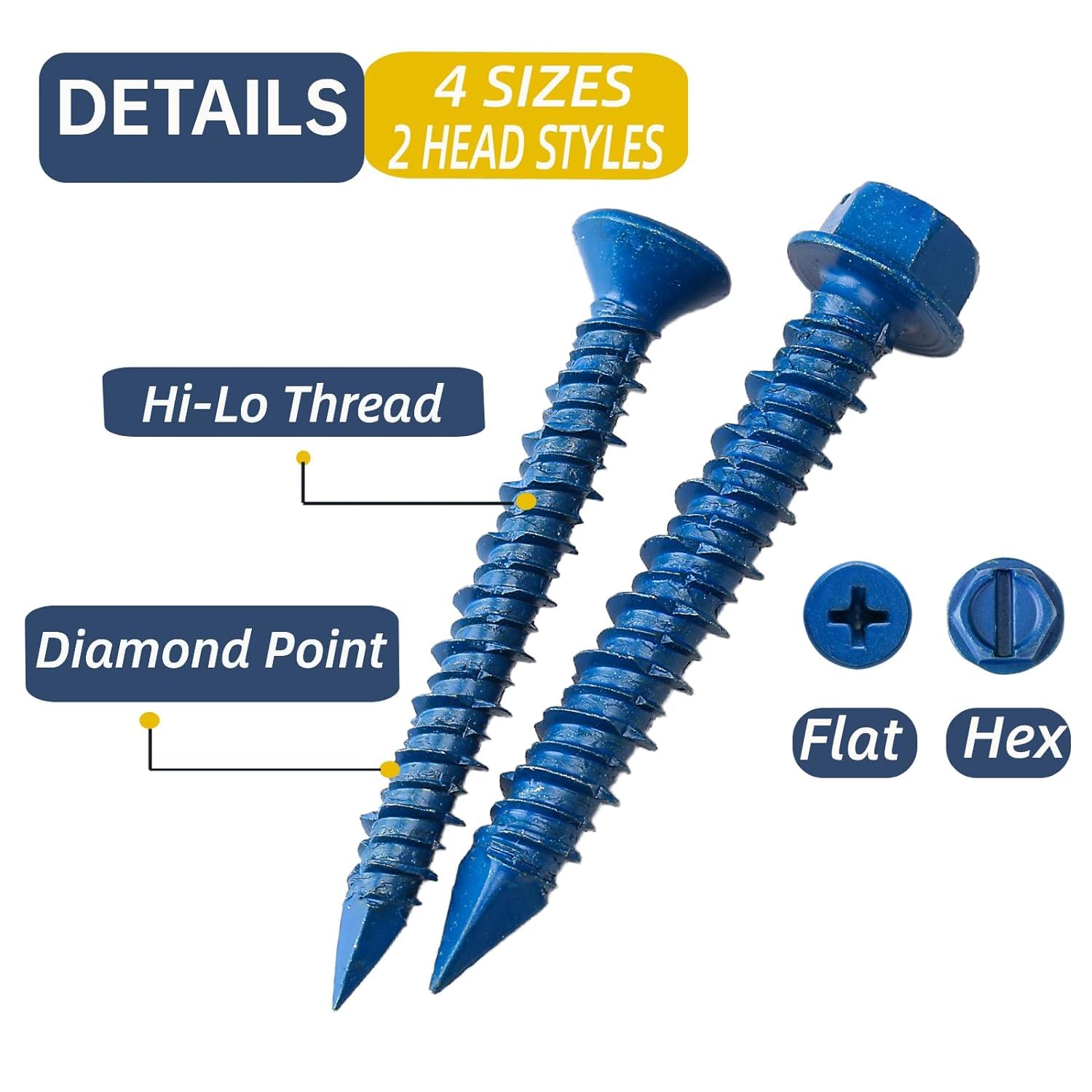 232 count Concrete Screws with Drill bits,1/4 3/16 Masonry Screws for Concrete Assortment Kit,4 Sizes Flat & Hex  Block Cement Stacoo Screws and Anchors, Point,Blue Coated