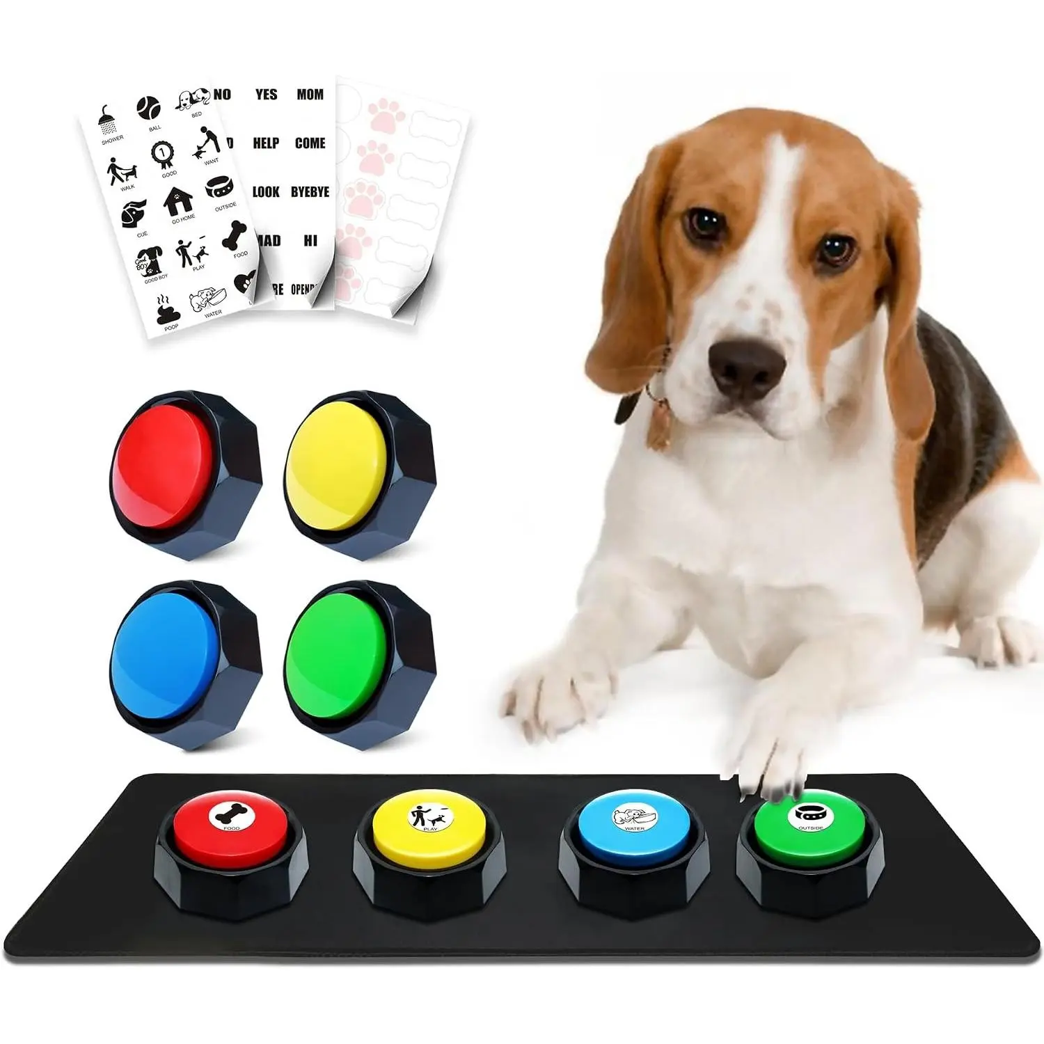 Recordable Buttons, Dog Buttons for Communication, Pack of 4 Colored Buzzers with Mat & 30 Scene Stickers 15 Custom Stickers. Non-Slip Stickers Inside