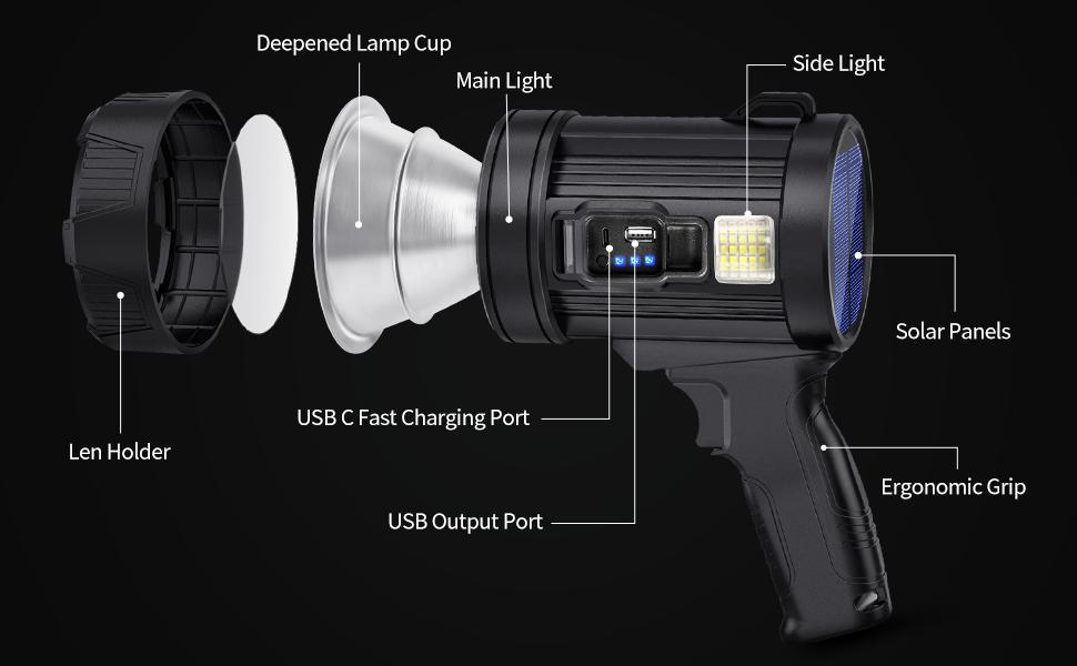 Brightest Rechargeable Spotlight with Solar Panels & 6 Modes, Rechargeable Spotlight Flashlight Outdoor, Powerful LED Spotlights Long Runtime, Large Handheld Spot Light for Boating Hunting