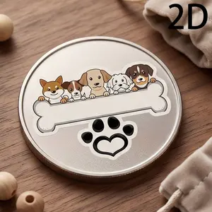 Cute Dog Bone Paw Print Commemorative Coin, Matte Silver Color Cartoon Shiba Inu Labrador Puppy Heart Paw Print Metal Coin, Pet Lover Gift