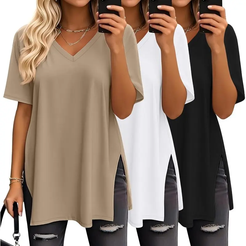3 Pack Women's Oversized V Neck T Shirts, Loose Longline Short Sleeve TunicTops with Side Slits, Soft Casual Shirts for Leggings, Workout, Travel andSummer