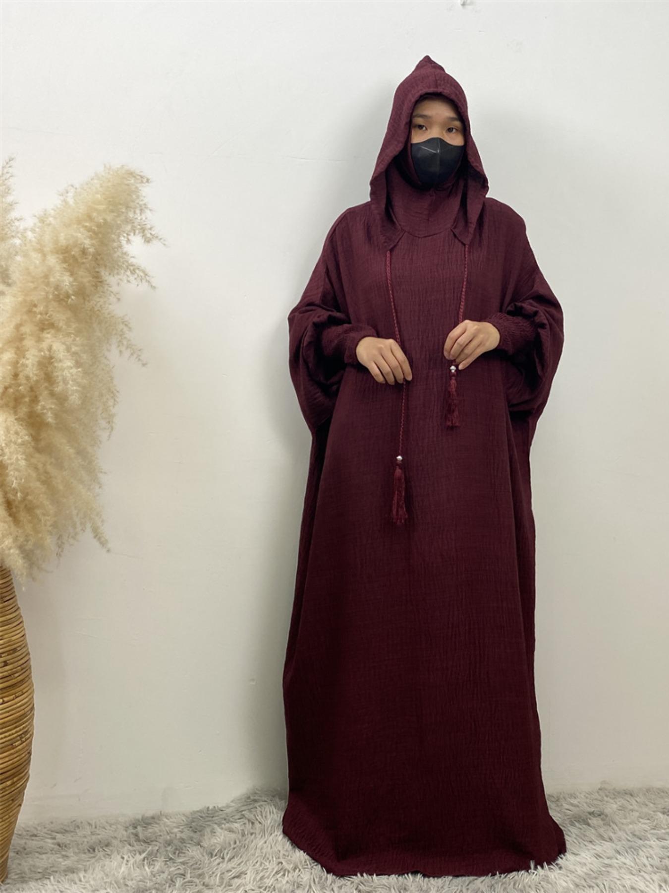 Women's Solid Color Batwing Sleeve Drawstring Hooded Dress, Casual Long Sleeve Shirred Cuff Long Dress for Spring & Fall, Women's Islamic Clothing for Daily Wear, Hooded Arabian Dress