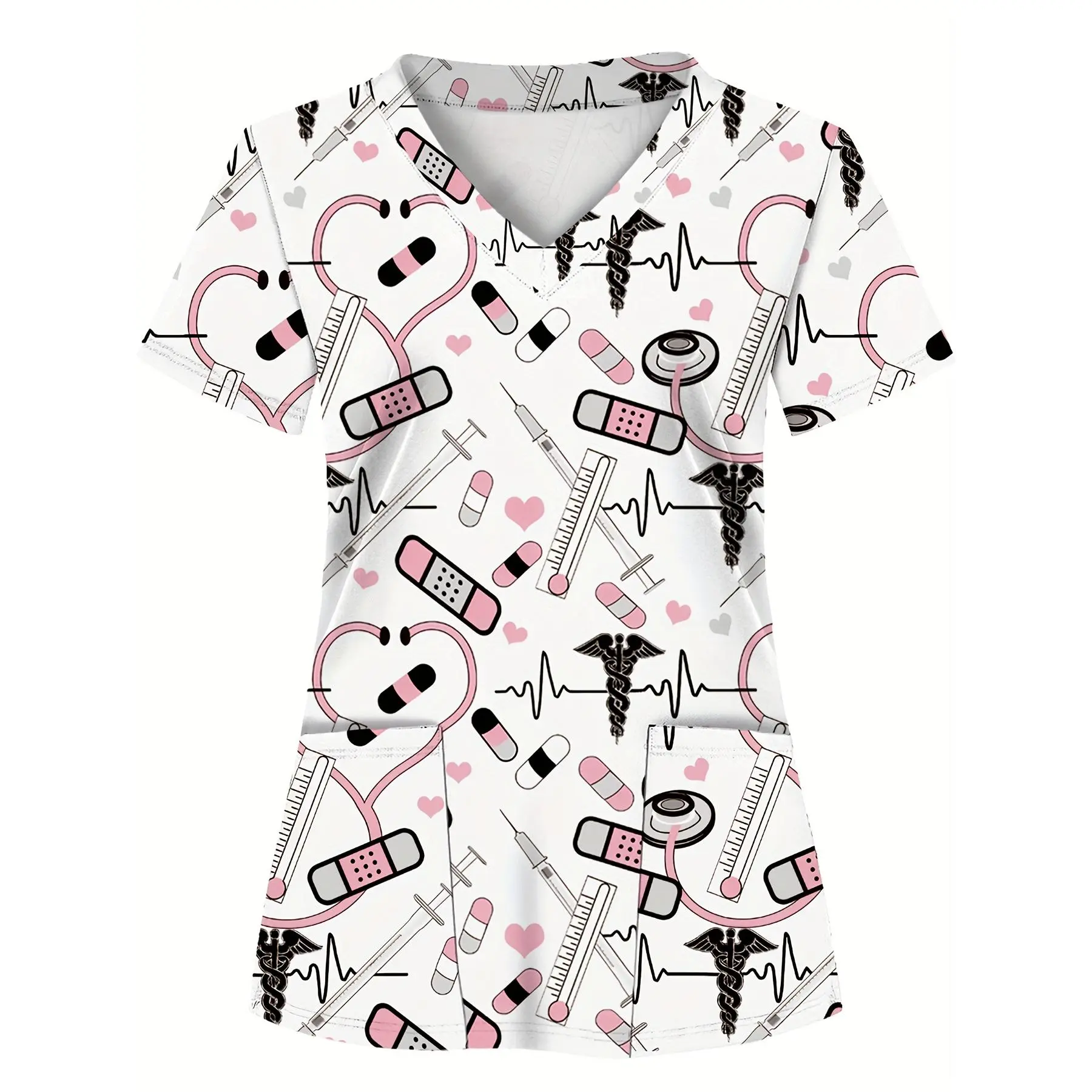 Full-body Print, White Base, Two Pockets, Women's Scrub Top, Doctor's Scrub Top for Women, Nurse Work Top, Women's Nursing Scrubs, Dental and Beauty Clinic, Healthcare Uniform Top, Short-sleeve Nurse Uniform, Fabric with Pockets, Suitable for All