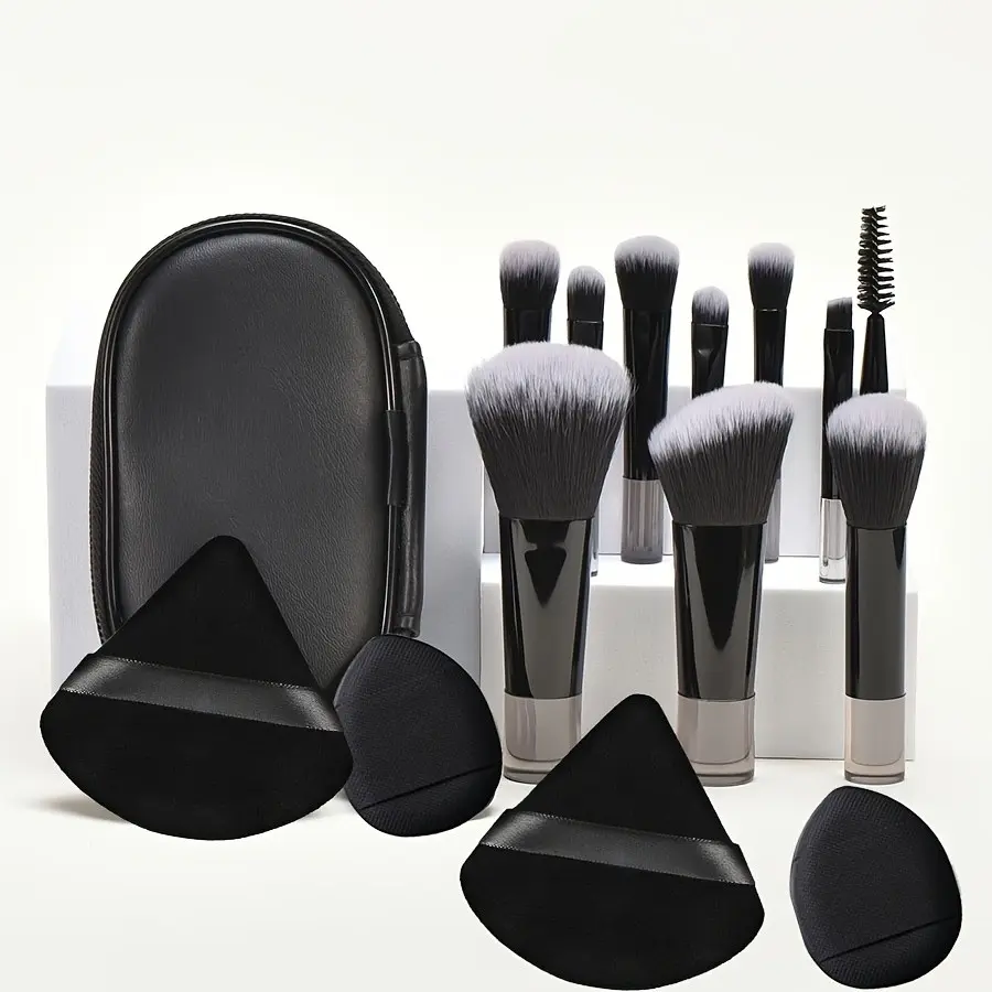 10-Piece Travel Makeup Brush Set with Portable Case, Soft Synthetic Fiber Bristles, Includes Beauty Sponge, Ideal for Foundation, Eyeshadow, Blush, Concealer