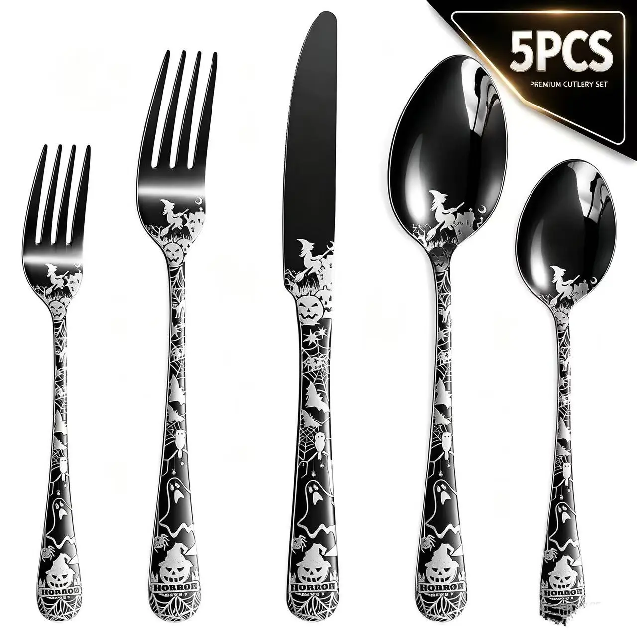 Halloween Dark Carved Western Cutlery Set, 5/20/30/40 Pieces, Ghost Pumpkin Stainless Steel Fork Knife Spoon, Party Atmosphere Tableware