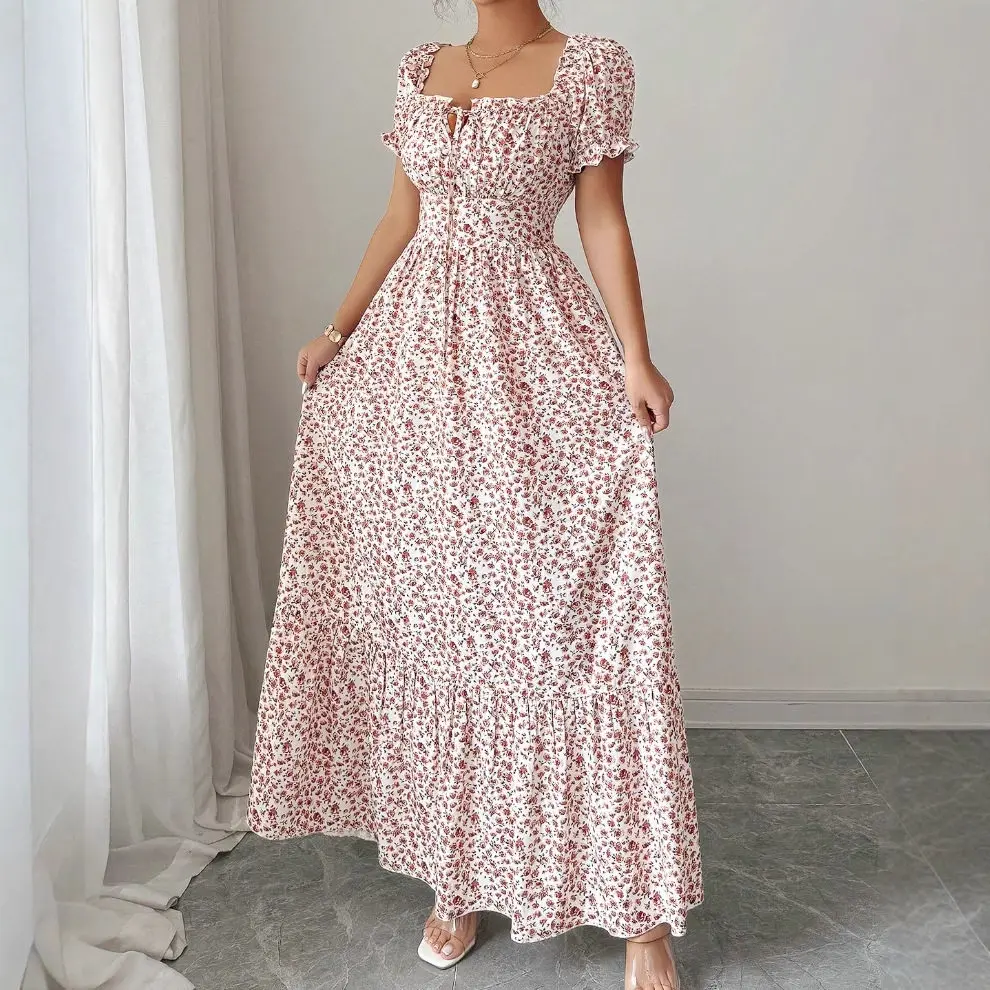 Women's Elegant Floral Print Bubble-Sleeve Casual Dress - Blue Womenswear Summer Fitted Shortsleeve