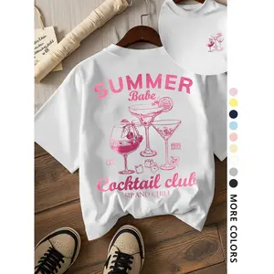 Women's Cocktail & Letter Print Round Neck Tee, Casual Printed Casual Fashion Comfy Short Sleeve T-shirt for Summer, Ladies Clothes for Daily Wear, Top, Womenswear