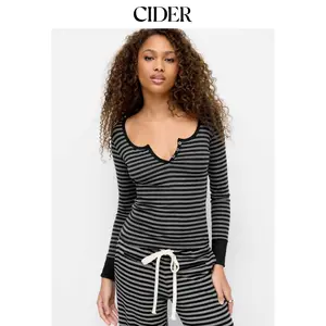 Cider Cotton-blend Stripe Button Long Sleeve Top Dealsforyou
