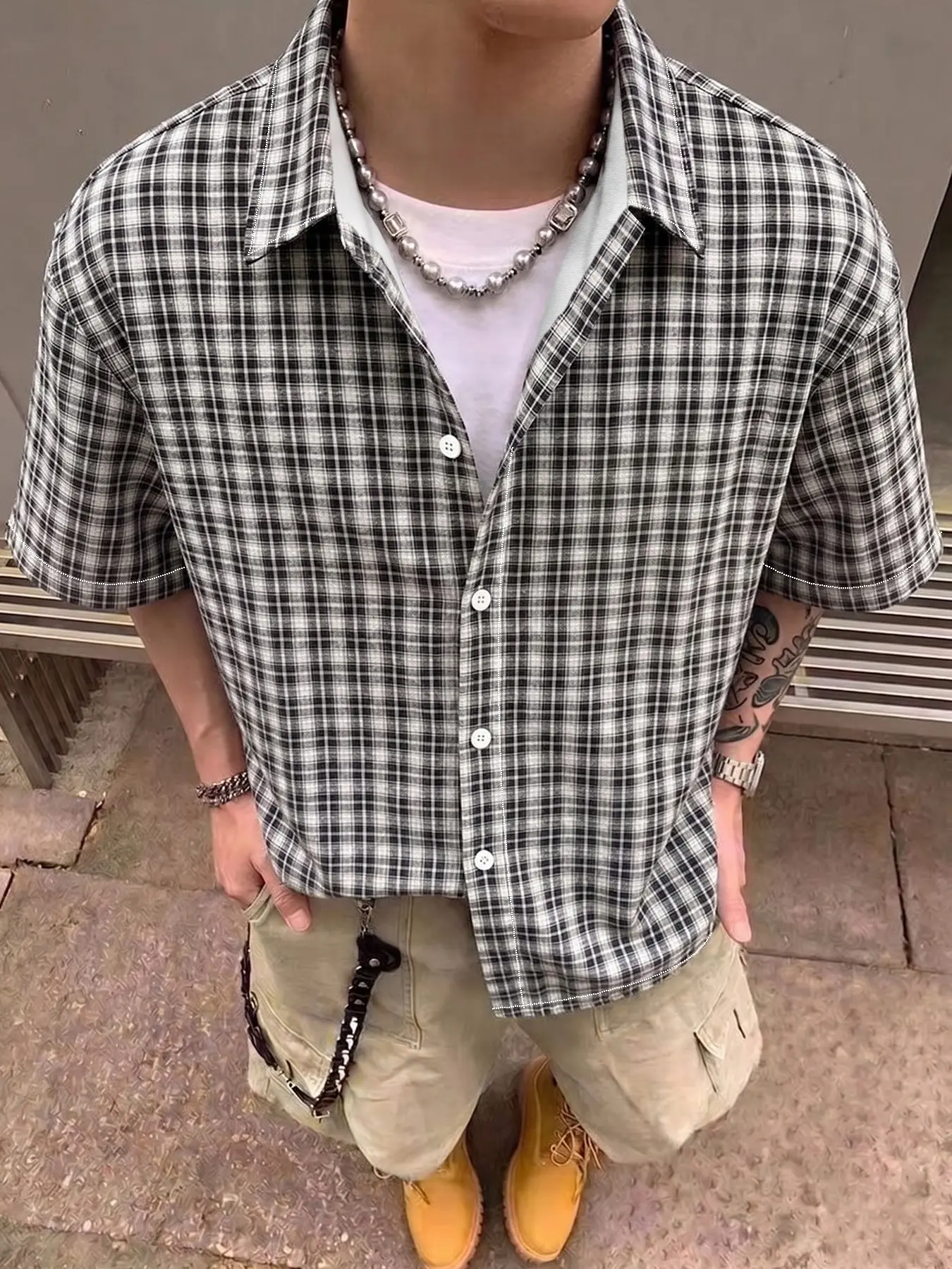 Men's Black White Tiny Plaid, Checked Turn Down Collar Short Sleeve Button Up Shirt, Button Front Shirt, Oversized Casual Fit Basic Blouse, Classic Vintage Grid Design, Suitable For Daily Casual Inner Layering Street Matching