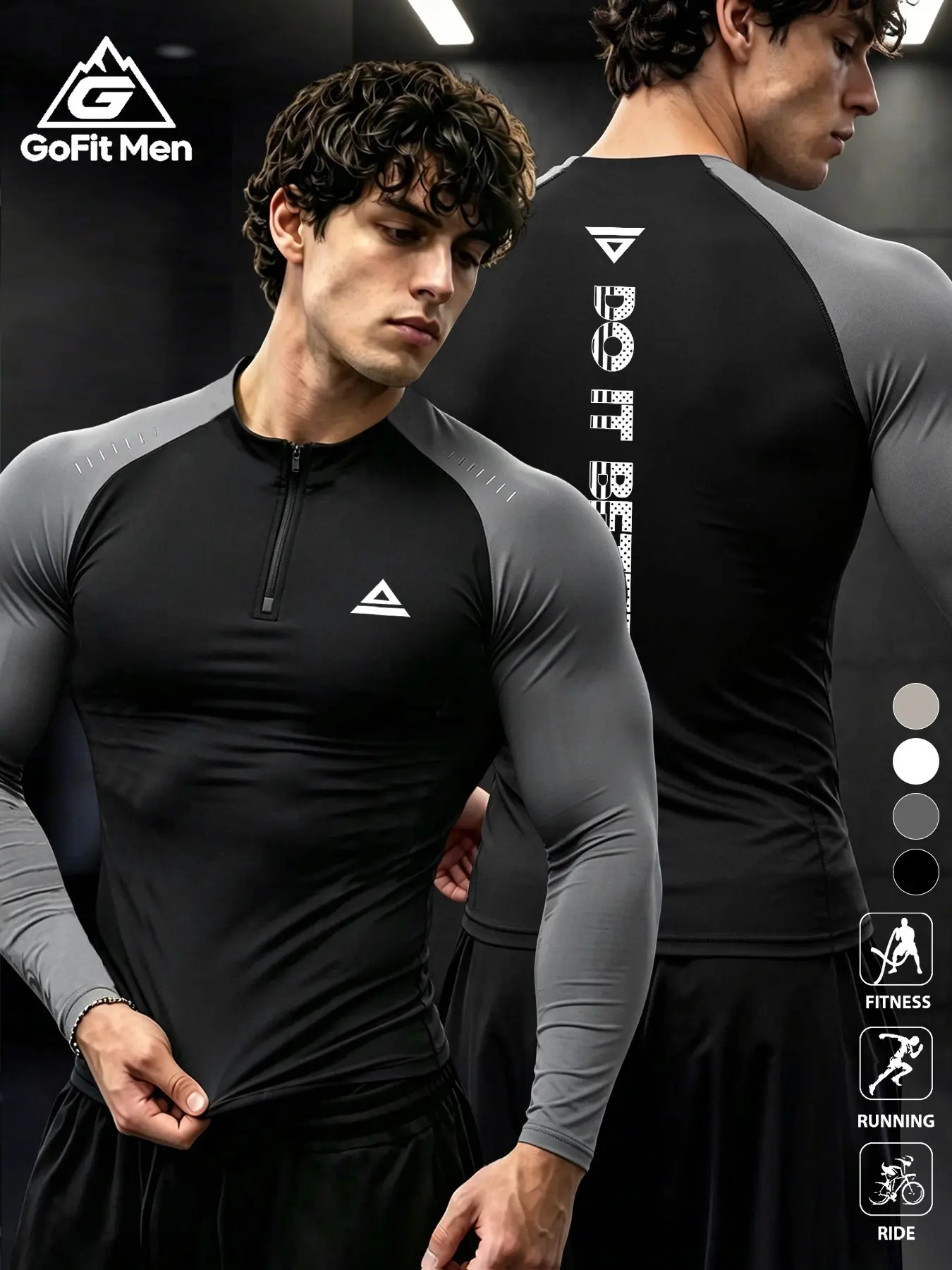 Men's Sporty Fitted T-Shirt, Graphic Print, Half-Zip Long Sleeve, Quick-Dry Athletic Wear, Street Style Fitness Top, Fitness Athletic Streetwear, Fitness Shirts, Athletic Fitness Clothes