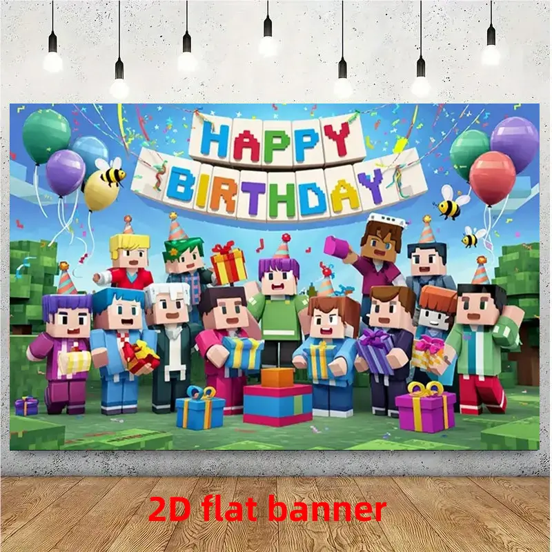 Cartoon Style Birthday Party Banner, Pixel Character Background Cloth, Polyester Material, Metal Hooks, Kids Party, Game Theme, Photo Backdrop