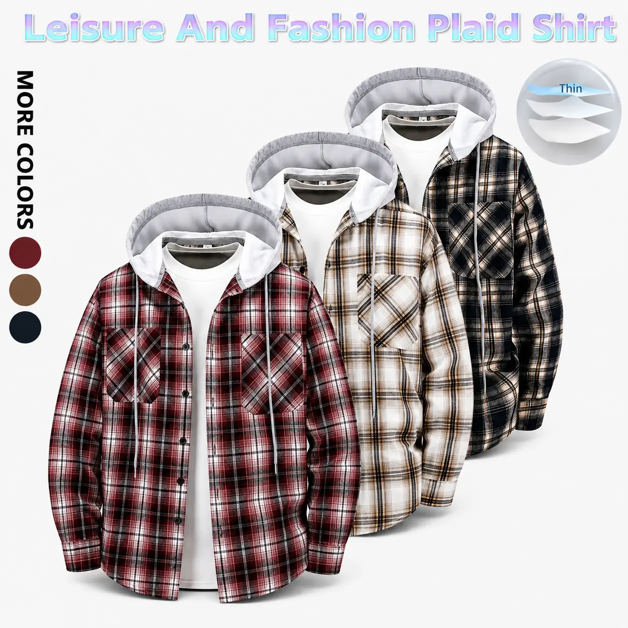 Men's Stylish Checked Longsleeves Polyester Hooded Flannel Shirt Jacket - Lightweight, Thin, Button-Up, Drawstring Hood, Dual Chest Pockets, Tartan, 3-Colors (Red, Brown, Black) - Menswear Layering Streetwear Top, Daily, Casual, Daily Wear