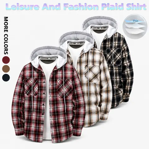 Men's Loose Casual Plaid Hooded Shirt, Long Sleeve Button Front Shacket, Autumn Menswear Fashion, Checked, Longsleeves, Flannel, Stylish, Plaid s, Hooded Plaid Flannel Shirt