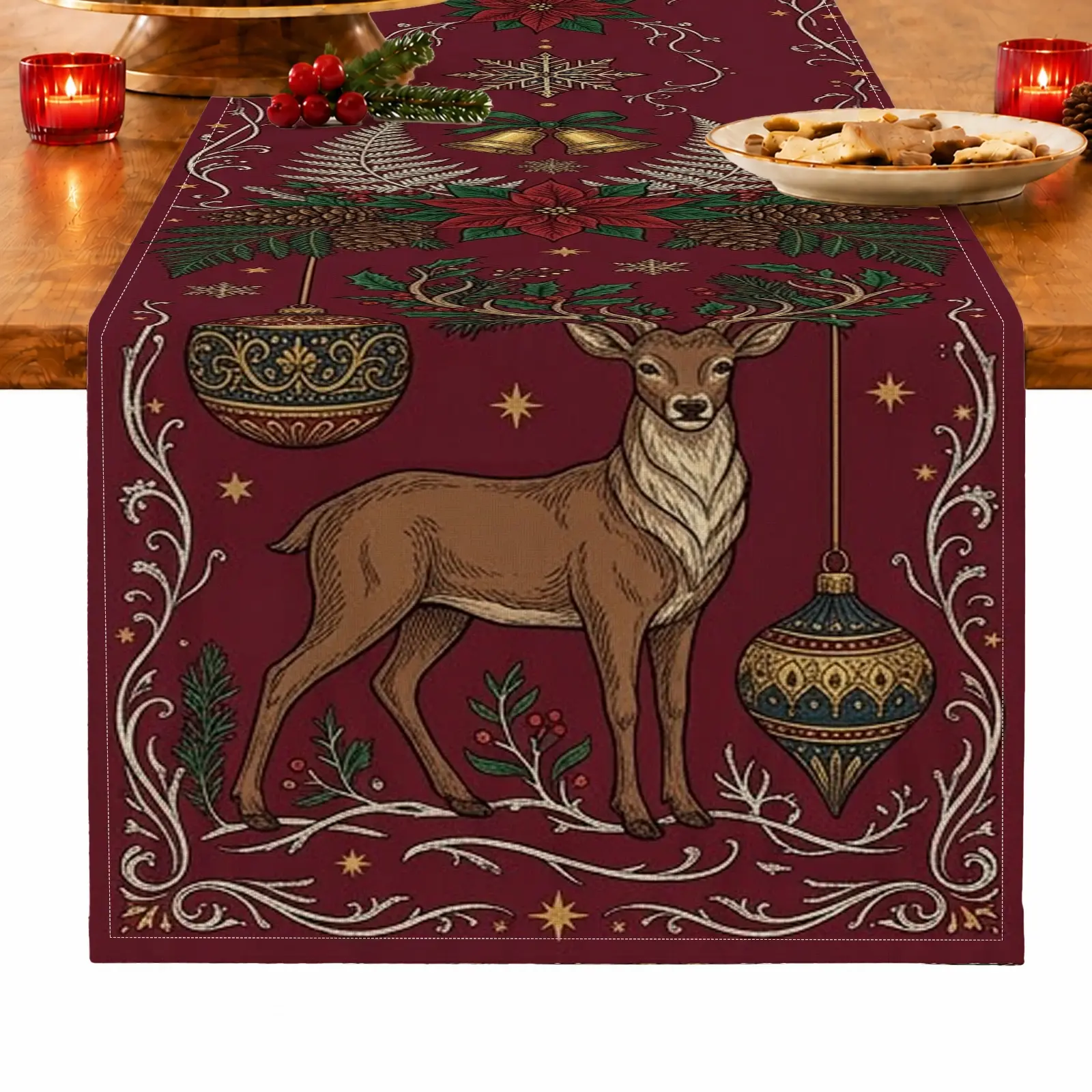1pc Reindeer Bauble Holly & Christmas Tree Table Runner, Vintage Christmas Style, for Dining Table, Kitchen, Christmas Dinner & Holiday Gathering, Christmas Table Decoration and Festive Home Decor