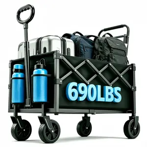Heavy Duty 690lbs Capacity All Terrain Folding Wagon Stainless Steel Frame 600D Oxford Fabric Collapsible Utility Trolley For Camping Gardening Beach Shopping No Assembly Black With Tool Rack Sturdy Handle Durable Wheels