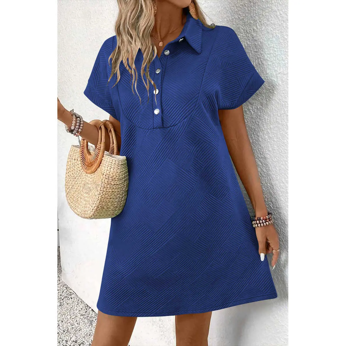 Sky Blue Solid Color Textured Short Sleeve A Line Mini Dress