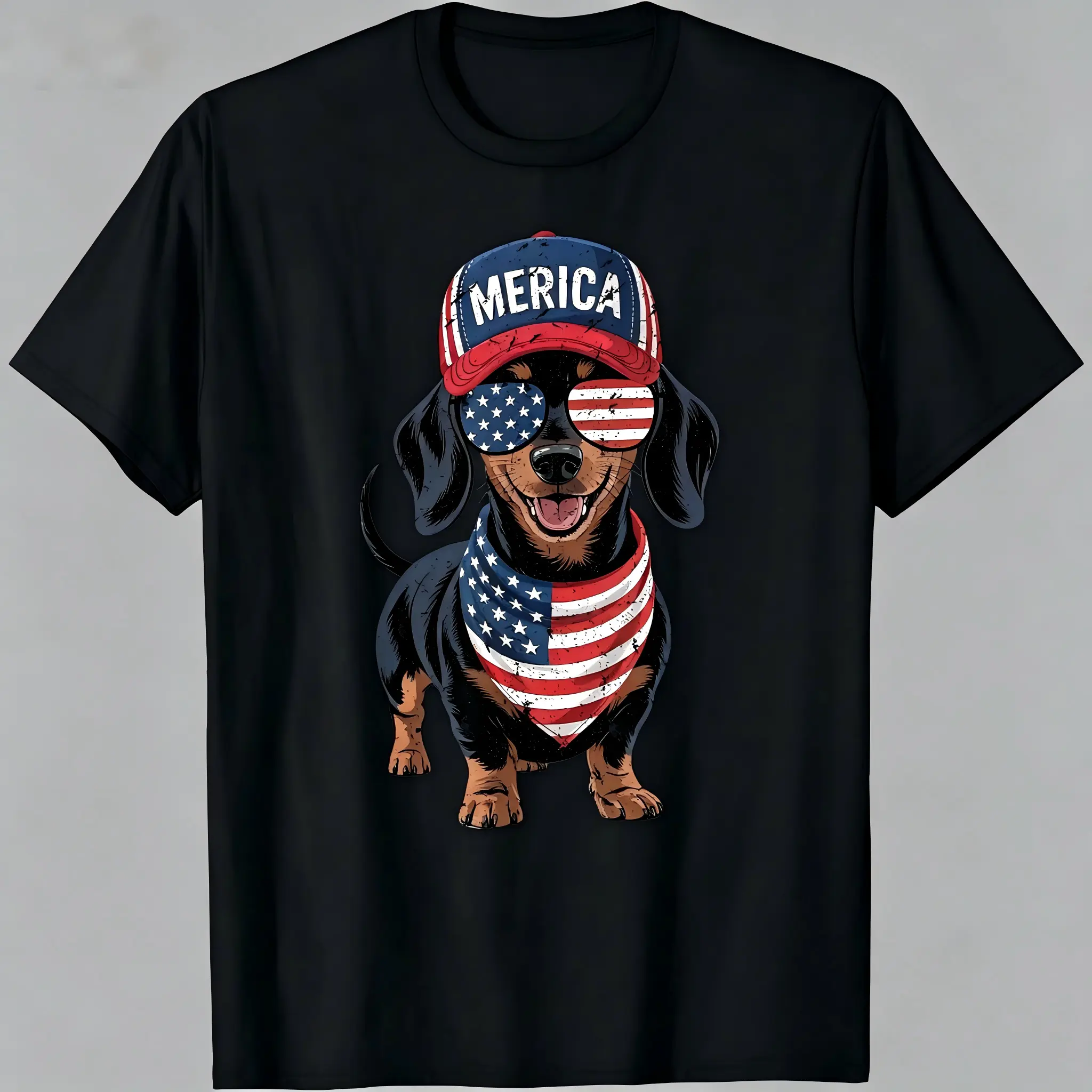 Merica Dachshund American Flag Patriotic Graphic T-Shirt for Men & Women - 4th of July Dog Lover Design, Soft Breathable Cotton Crew Neck Short Sleeve, All-Season Summer Spring Casual Tee, Great Everyday Wear & Gift, Machine Washable