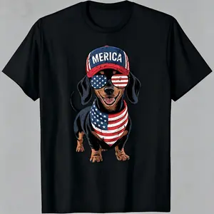 Merica Dachshund American Flag Patriotic Graphic T-Shirt for Men & Women - 4th of July Dog Lover Design, Soft Breathable Cotton Crew Neck Short Sleeve, All-Season Summer Spring Casual Tee, Great Everyday Wear & Gift, Machine Washable