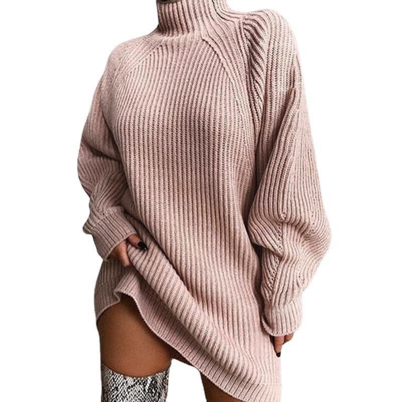BIGWIG Women's Mock Neck Sweater Dress Drop Shoulder Long Sleeve Knitted Pullovers Ribbed Dresses