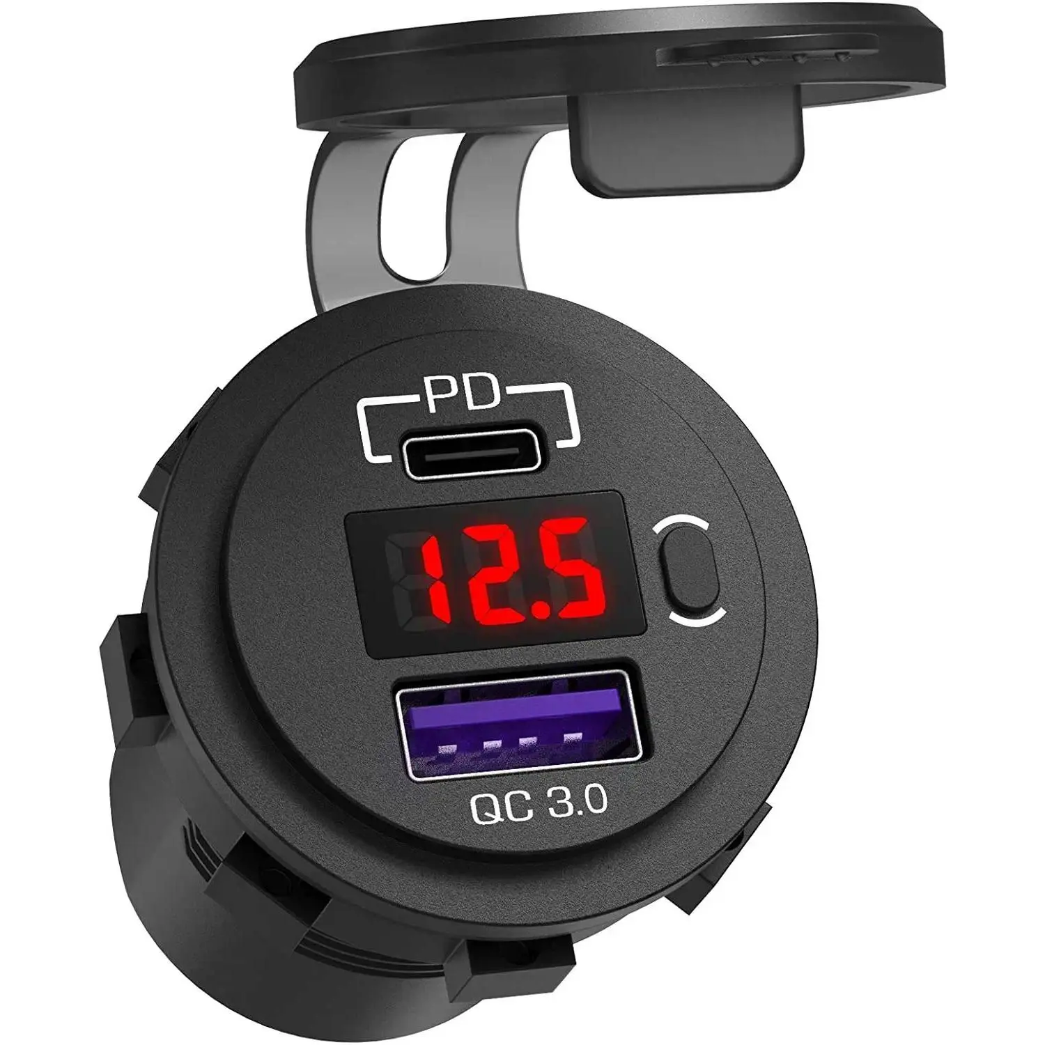 12V/24V PD Type-C QC3.0 Dual USB Car Charger Socket with Voltmeter Switch, LED Screen Display for Car, Motorcycle