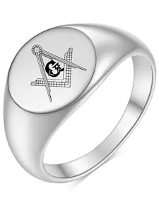 12mm Vintage 18k Laser Masonic Logo Ring, Stainless Steel Round Band, Elegant Jewelry for Men and Women