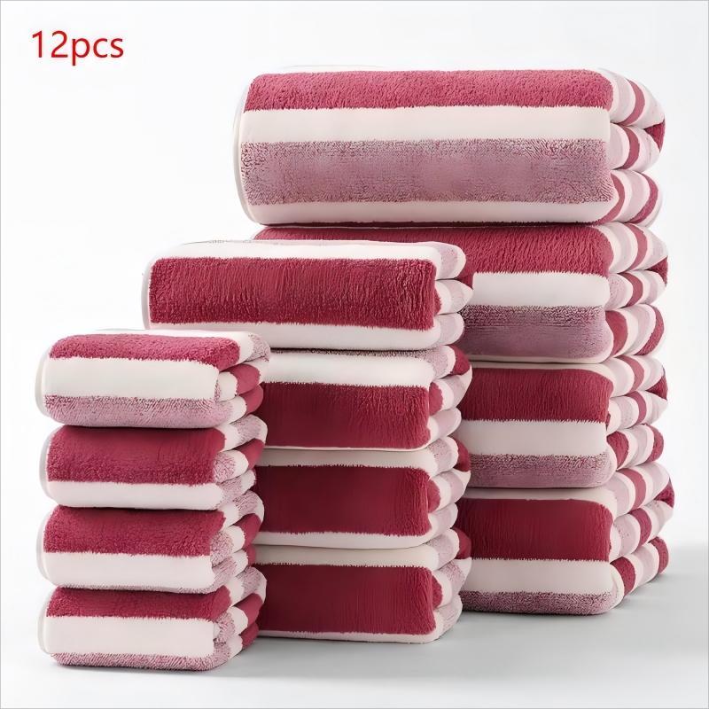 Striped Pattern Premium Towel Set, 1 Set Including 4 Counts Bath Towel & 4 Counts Hand Towel & 4 Counts Face Towel, Quick Drying Water Absorbent Towel for Home, Hotel & Spa, Absorbent Thickened Towels